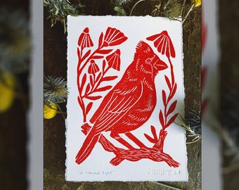 Red Cardinal Bird Block Print