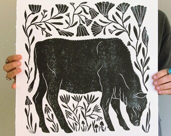 Large Cow Black Block Print Farmhouse