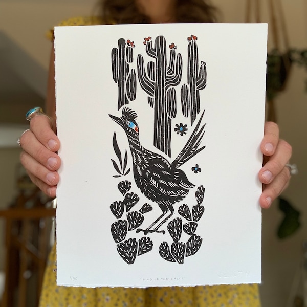 Hand-painted Roadrunner Cactus Southwestern Block Print