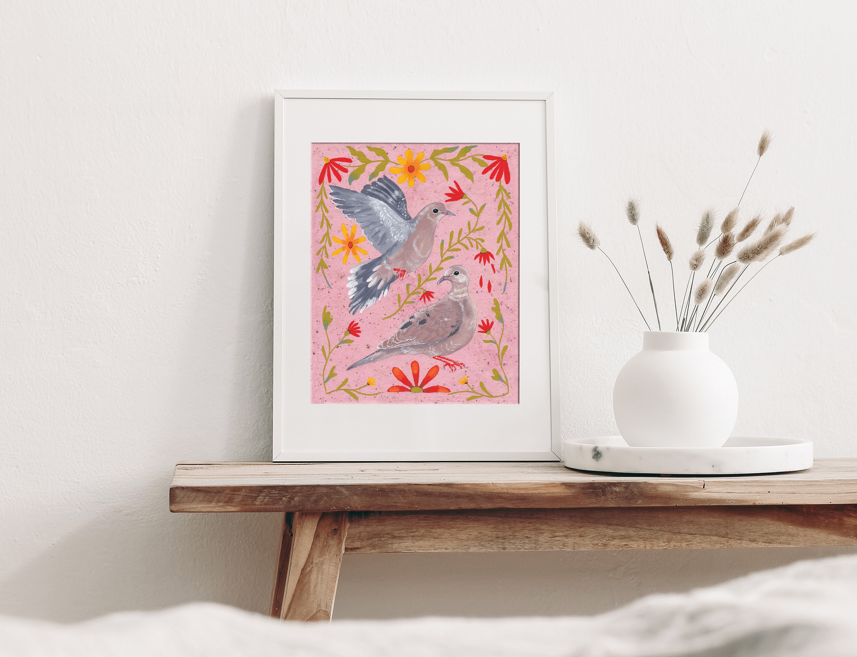 Mourning Doves Floral Fine Art Giclee Print of Painting Folk Art