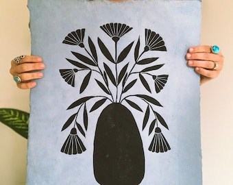 Light Blue Floral Folk Art Linoleum Block Print