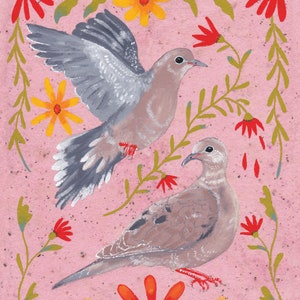 Mourning Doves Floral Fine Art Giclee Print of Painting Folk Art