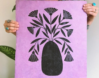 Light Purple Floral Folk Art Linoleum Block Print