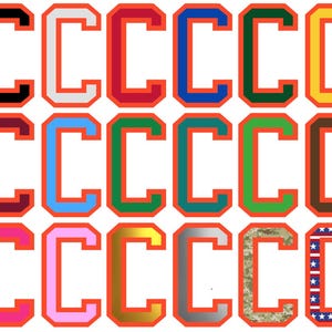 May include: A grid of twenty-one letter "C" designs in various colors and patterns. Each "C" has an orange outline. The designs include solid colors, patterns like camouflage, the American flag, and tie-dye, and a dollar bill pattern.