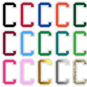 May include: A collection of twenty-one letter "C" designs in various colors and patterns. Each letter has a white border. The colors include black, red, blue, orange, green, yellow, purple, and navy. Other designs include camouflage, money, and a patriotic pattern.