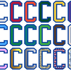 May include: A collection of twenty-four letter "C" designs in various colors and patterns. Each letter has a blue outline, with the letter's interior filled with solid colors, camouflage, the American flag, money, and tie-dye.