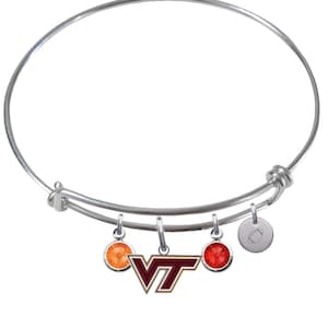 Virginia Tec - Pick Your Sport - Wire Charm Expandable Bangle Bracelet w/ Orange & Red Crystal Rhinestone Gem Charms