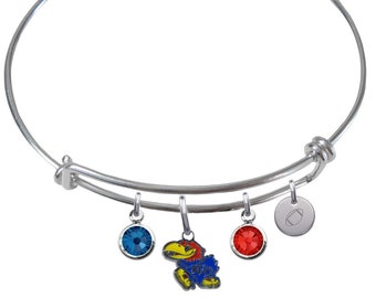 Kansas - Pick Your Sport - Wire Charm Expandable Bangle Bracelet w/ Blue & Red Crystal Rhinestone Gem Charms