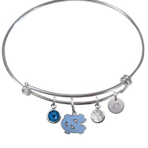 North Carolina - Pick Your Sport - Wire Charm Expandable Bangle Bracelet w/ Blue & Clear Crystal Rhinestone Gem Charms