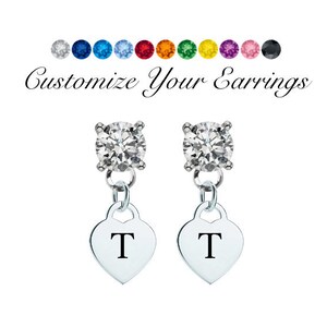 Letter T Name Initial Silver Heart Crystal Post Stud Dangle Earrings (Pick Your Colors - Mix or Match)