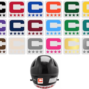 May include: A collection of stickers featuring the letter "C" in various colors, each with a star rating. A black football helmet with a "C" sticker and the brand name "Riddell" is at the bottom.