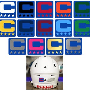 May include: A collection of square decals featuring the letter "C" in various colors, each with a different number of stars. A white football helmet with the brand name "Riddell" is also shown.