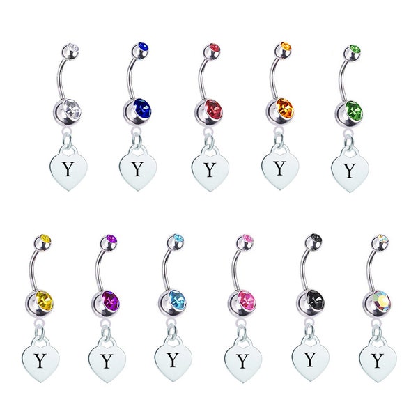 Letter Y Silver Heart Belly Button Navel Ring - Pick Your Color Crystal Rhinestone Gems