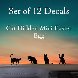 May include: Set of 12 decals featuring black cat silhouettes in various poses. The text reads "Cat Hidden Mini Easter Egg" against a sunset background. The decals are designed for Easter.
