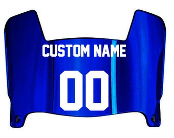 Custom Name & Number Mini Football Helmet BLUE CHROME MIRROR Eye Shield Visor w/ Facemask Clips - Personalize Your Name, Number, Colors