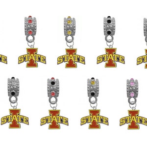 Iowa St European Bracelet Bead Charm w/ Rhinestone Gem (Pick Your Color) For DIY Bracelets, Necklaces & DIY Jewelry