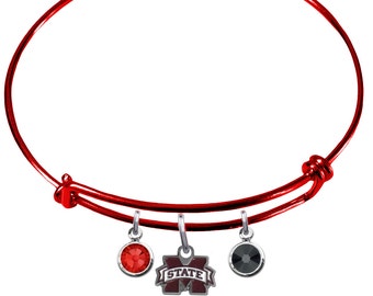 Mississippi St COLOR EDITION Wire Charm Expandable Bangle Bracelet w/ Red & Black Crystal Rhinestone Gem Charms