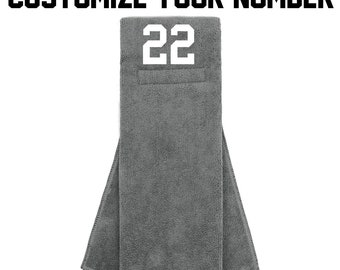 Pick Your Number Football Towel GRAY GREY w/ WHITE #'s Custom Player Embroidered Stitched Number - Attaches to Belt Hook & Loop Style