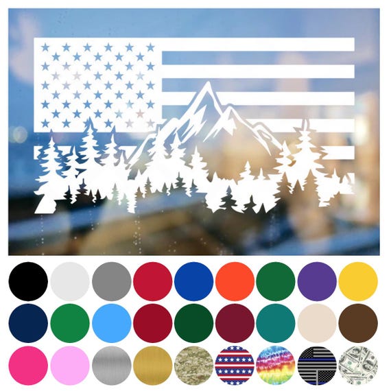 American Flag Mountains Forest Trees USA Patriotic Vinyl Decal Sticker Car Truck Auto Window - Pick Size & Color