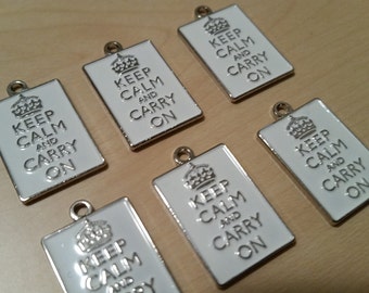 6pcs WHITE Keep Calm and Carry On Charm for Bracelets, Necklaces, Crafts, DIY Projects