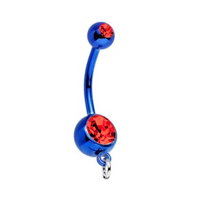Add Your Own Charm Belly Ring - Blue w/ Red CZ Gem Premium Titanium Anodized Belly Button Body Jewelry Piercing