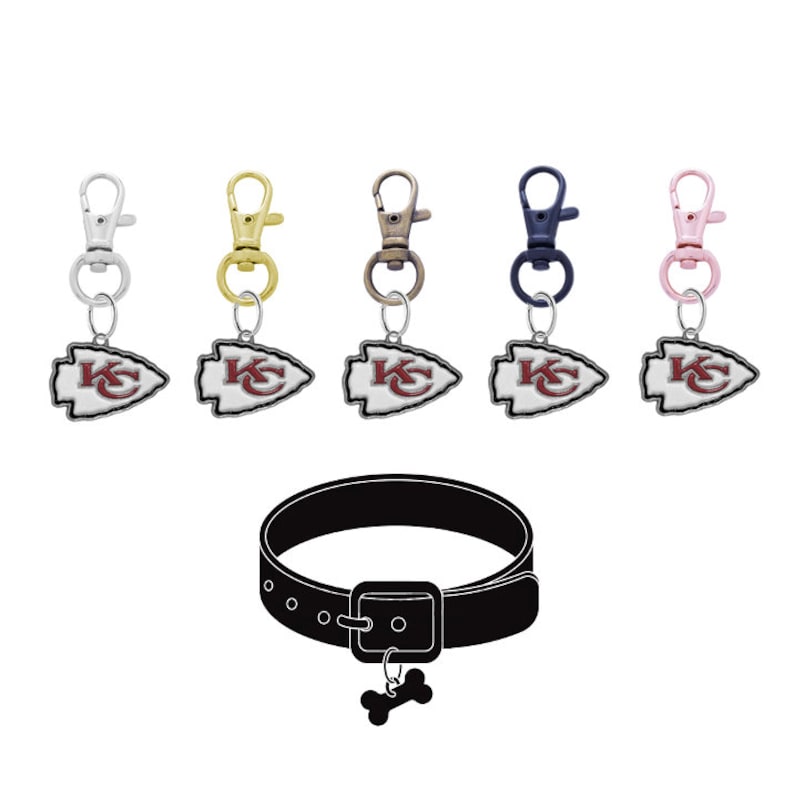 May include: Five different colored dog tags with a Kansas City Chiefs logo. The tags are attached to a black dog collar with a bone charm.