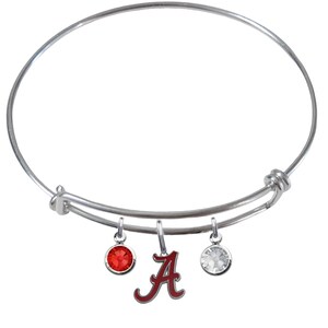 Alabama Wire Charm Expandable Bangle Bracelet w/ Red & Clear Crystal Rhinestone Gem Charms