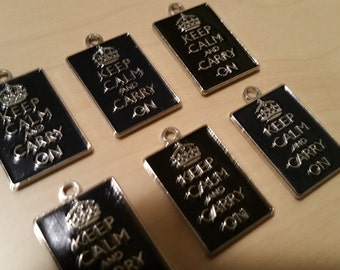 6pcs BLACK Keep Calm and Carry On Charm for Bracelets, Necklaces, Crafts, DIY Projects