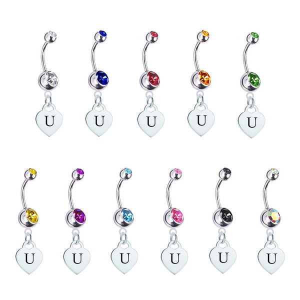Letter U Silver Heart Belly Button Navel Ring - Pick Your Color Crystal Rhinestone Gems