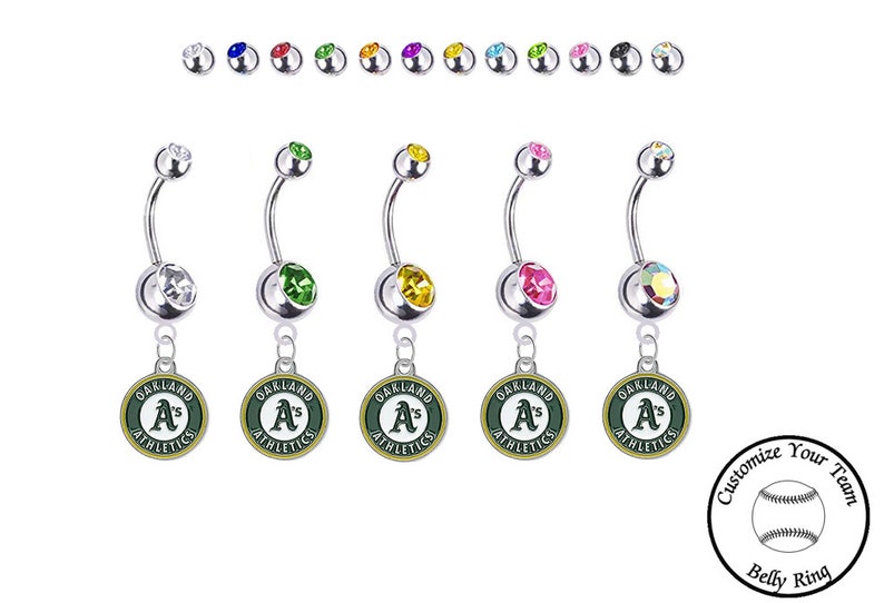 Oakland Athletics Silver Belly Button Navel Ring Customize Your Color Crystal Rhinestone Gems