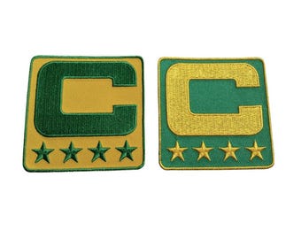 Team Color YELLOW & GREEN Captain C Patch Stars Iron On Football Jersey Captains Patch Premium Embroidered Stitched - Ships Today!