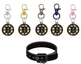 May include: Five Boston Bruins team logo pet ID tags with different colored clasps and a black dog collar with a bone-shaped charm. The tags feature the team's logo in black, gold, and white.