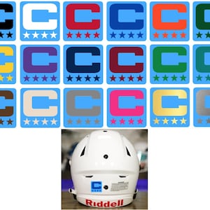 May include: A collection of square decals featuring a letter "C" in various colors, including black, white, red, blue, orange, and green, set against a light blue background. A white Riddell football helmet is also shown.