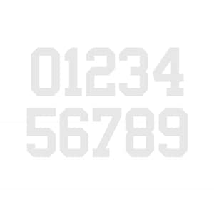 May include: A set of light gray numbers from 0 to 9 in a bold, blocky font. The numbers are evenly spaced and arranged in two rows on a white background. The numbers are commonly used for sports jerseys or other athletic apparel.