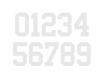 WHITE Custom Sports Jersey Style Number Vinyl Decal  - Pick Your Number & Size - Perfect for Car Truck Auto Window Helmet Stickers