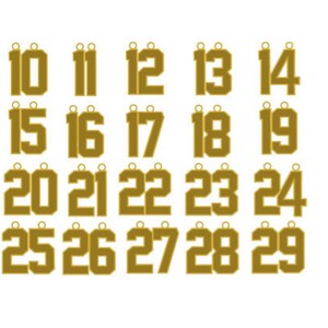 May include: A set of gold-colored metal number charms, ranging from 10 to 29. Each charm has a hole at the top for attaching to a necklace, bracelet, or other jewelry.
