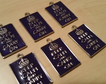 6pcs PURPLE Keep Calm and Carry On Charm for Bracelets, Necklaces, Crafts, DIY Projects