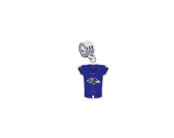 May include: A silver charm featuring a blue and gold Baltimore Ravens football jersey.
