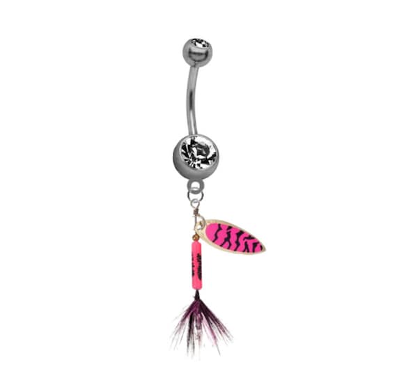 Fishing Pink Tiger Print Sexy Belly Button Navel Ring Piercing 316L Surgical Grade Steel 14g