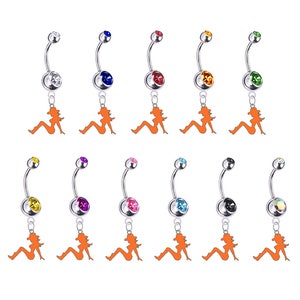 May include: A set of 10 belly button rings with a dangling charm of a woman sitting down. The rings are available in a variety of colors, including clear, blue, red, orange, green, yellow, pink, light blue, black, and rainbow.