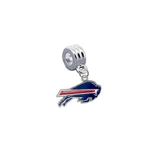 May include: Silver charm with a blue and red Buffalo Bills logo. The charm is designed to fit on a bracelet or necklace.