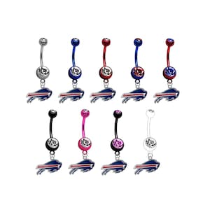 May include: A set of ten belly button rings featuring a blue buffalo logo charm. The rings are available in a variety of colors, including silver, black, red, blue, pink, and white.