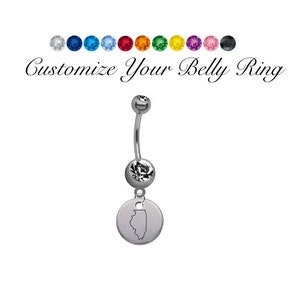 Illinois State Logo Belly Button Navel Ring - Pick Your Color Crystal Rhinestone Gems
