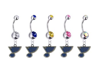 Piercing para el ombligo de plata con diseño de hockey de St. Louis - Personaliza el color con gemas de cristal de imitación.
