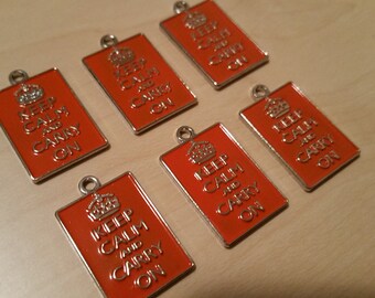 6pcs ORANGE Keep Calm and Carry On Charm for Bracelets, Necklaces, Crafts, DIY Projects