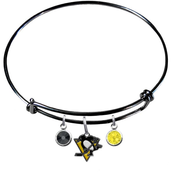 Pittsburgh   COLOR EDITION Wire Charm Expandable Bangle Bracelet w/ Black & Gold Crystal Rhinestone Gem Charms - Pick Your Color