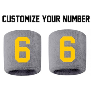Pick Your Number GRAY Grey w/ YELLOW Gold Embroidered Stitched Sweatband Wristband Football Baseball Soccer Softball Basketball Lacrosse