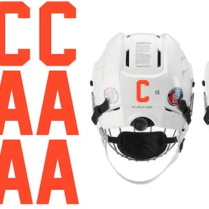 May include: White hockey helmets with black face masks and orange letter decals. The decals include the letters "C" and "A". The helmets have the text "ALPHA ONE" on the back.