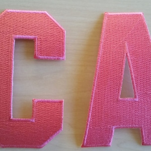 May include: Two pink felt letters, C and A, in a blocky font style. The letters are sewn together to form the word "CA".