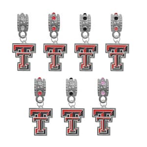 May include: Six silver charm beads with a red, black, or pink crystal accent. Each bead features a silver charm of the Texas Tech University logo, a red 'T' with a black outline.
